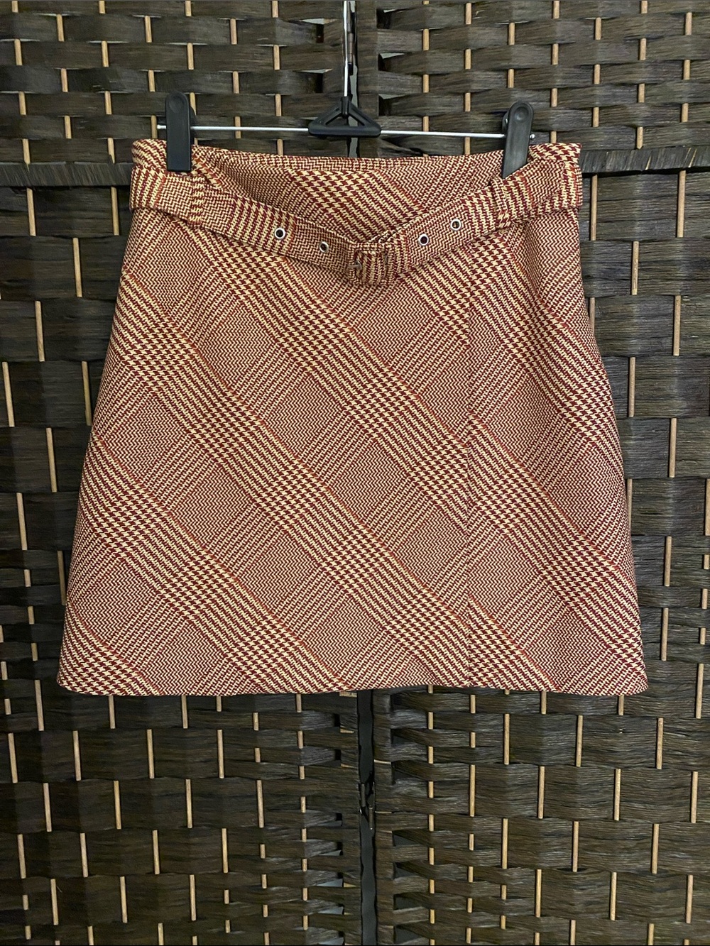 H&M Plaid A-Line Mini Skirt in Rust and Cream with Belt Fully Lined Size 6